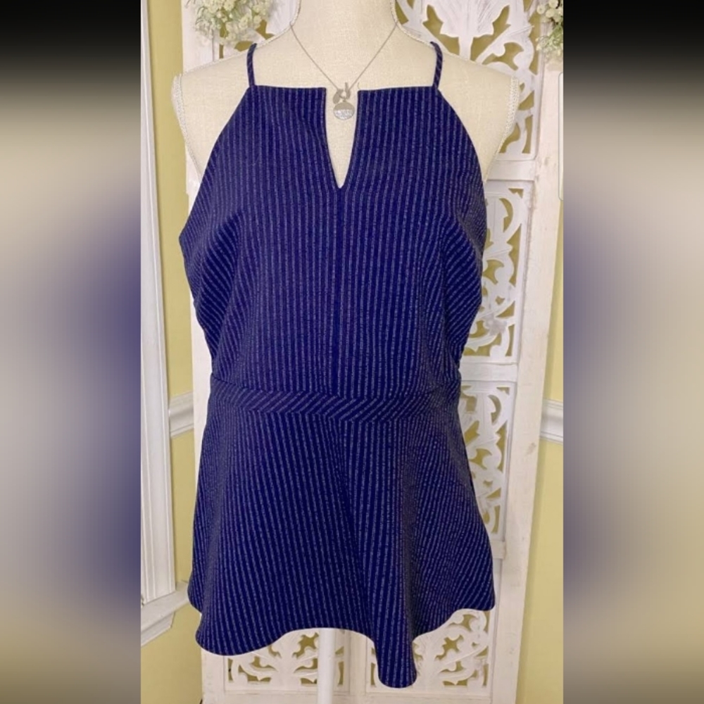 BANANA REPUBLIC Blue  Striped Rayon Peplum Halter Top Size 8